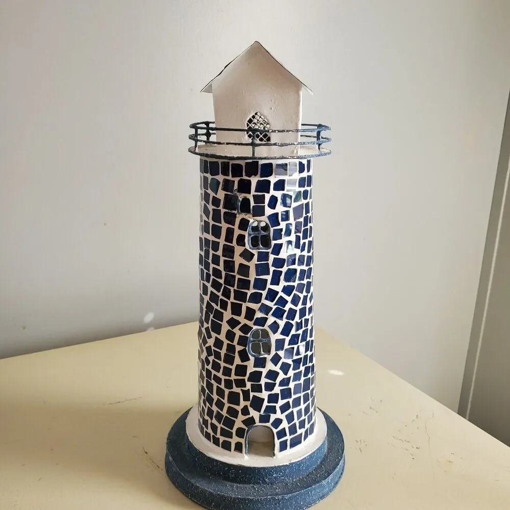 Light House tea Lite Candle Decor Crushed Glass/Tin  12